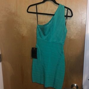Bebe one shoulder turquoise bandage dress